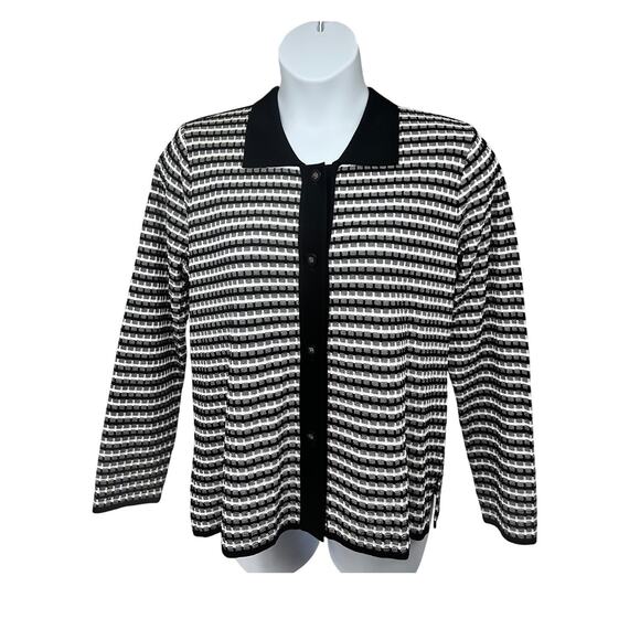 Misook Vintage 90s Black White Ribbed Knit Button Up Sweater Shirt Large Stretch - Picture 1 of 8